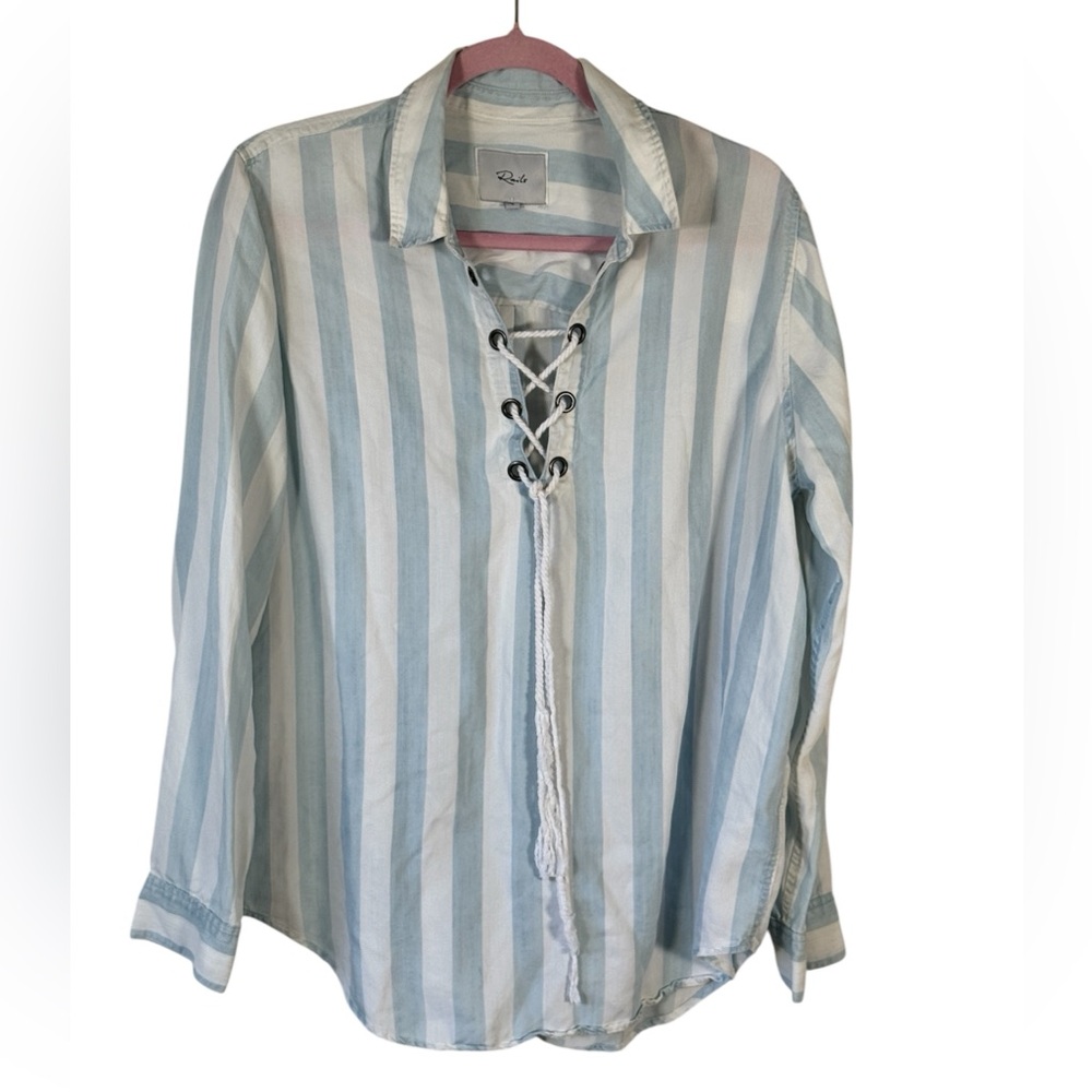 Rails Blue White Striped Lace Up Shirt Womens L Beachy Nautical Summer Casual